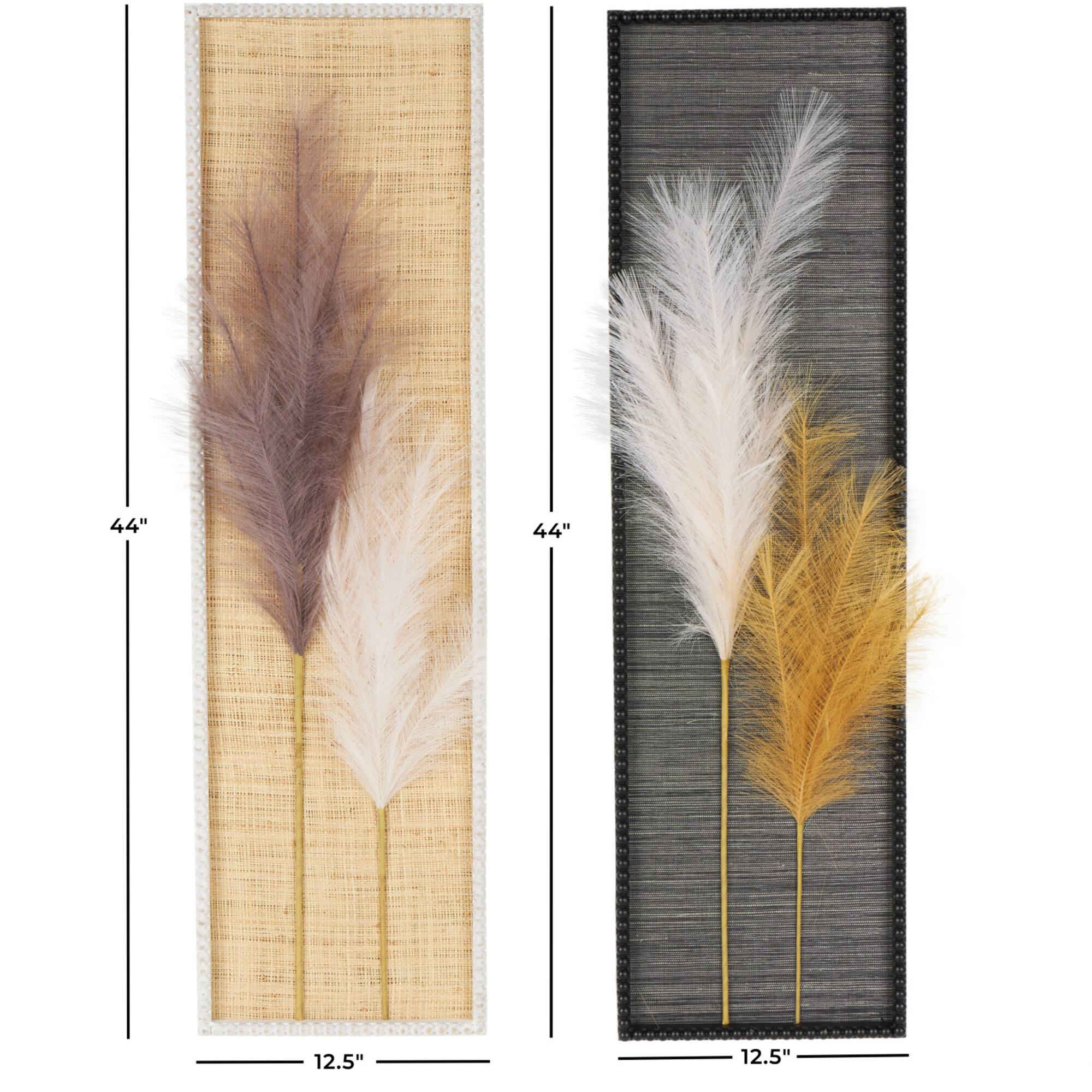 Brown Wood Leaf Handmade 3D Pampas Stem Wall Decor with Beaded Frame, Set of 2